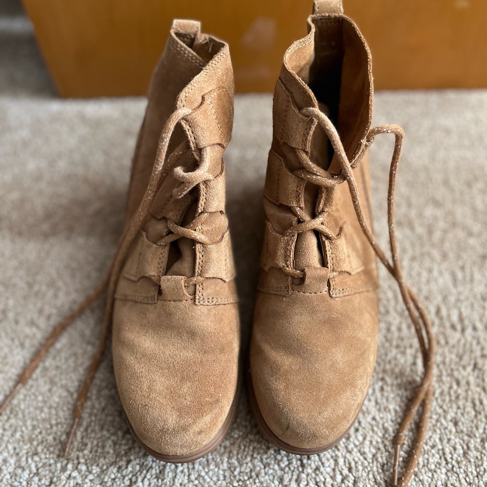 Sorel low wedge booties, brown suede. Barely worn!